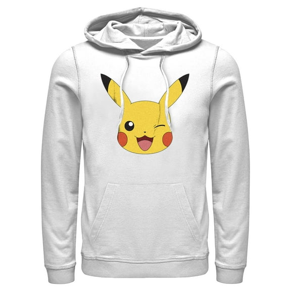 Men's Pokemon Pikachu Wink Face Pull Over Hoodie White Medium
