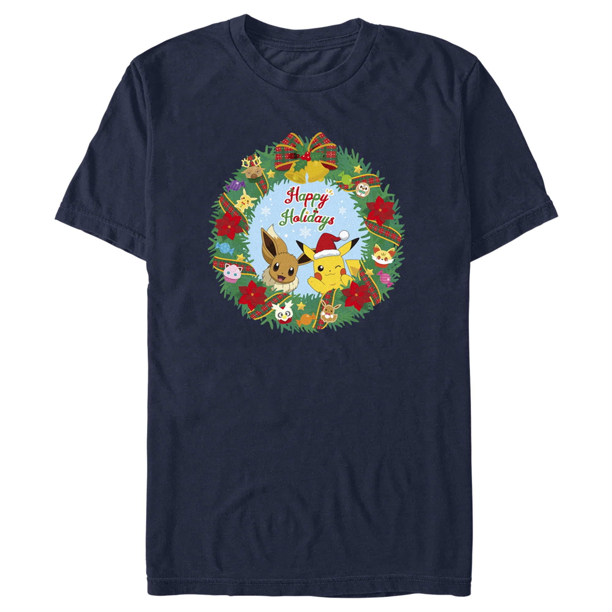 Men's Pokemon Pikachu and Eevee Happy Holidays Graphic Tee Navy Blue ...