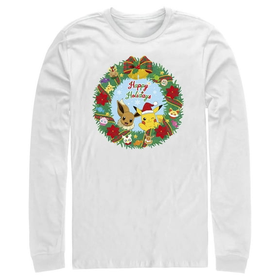 Men's Pokemon Pikachu and Eevee Happy Holidays  Long Sleeve Shirt White Large