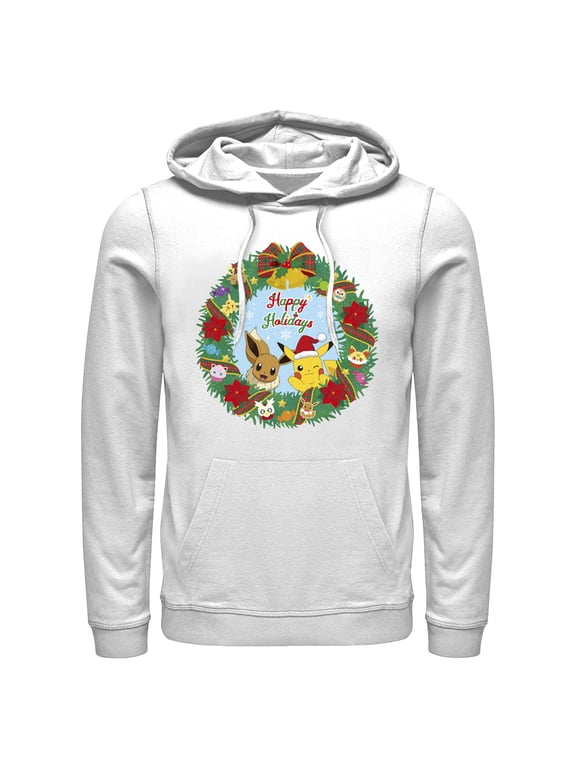 Men's Pokemon Pikachu and Eevee Happy Holidays Pull Over Hoodie White Medium