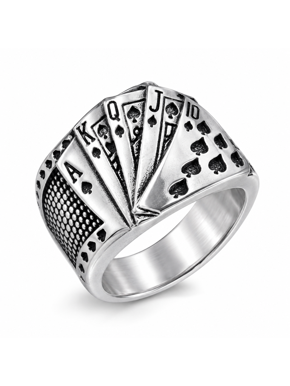 Men's Poker Ring, Stainless Steel Royal Flush Signet Ring, Vintage Silver