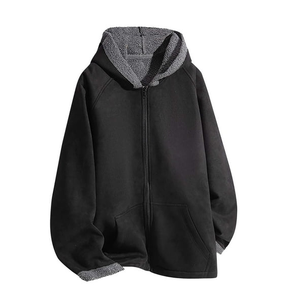 Men's Polar Fleece Hoodie with Pockets Winter Warm Full Zip Solid Color Long Sleeve Hooded Sweatshirts for Men (Black 2XL)