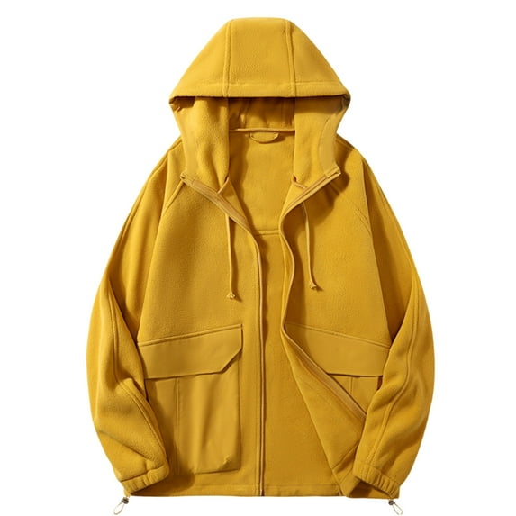 Men's Polar Fleece Hoodie with Pockets Winter Warm Full Zip Solid Color Long Sleeve Hooded Sweatshirts for Men (Yellow 5XL)