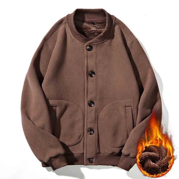Men's Polar Fleece Jacket Long Sleeve Button Casual Outerwear Bomber Jackets Coat with Front Pockets for Everyday Wear (L, Coffee)