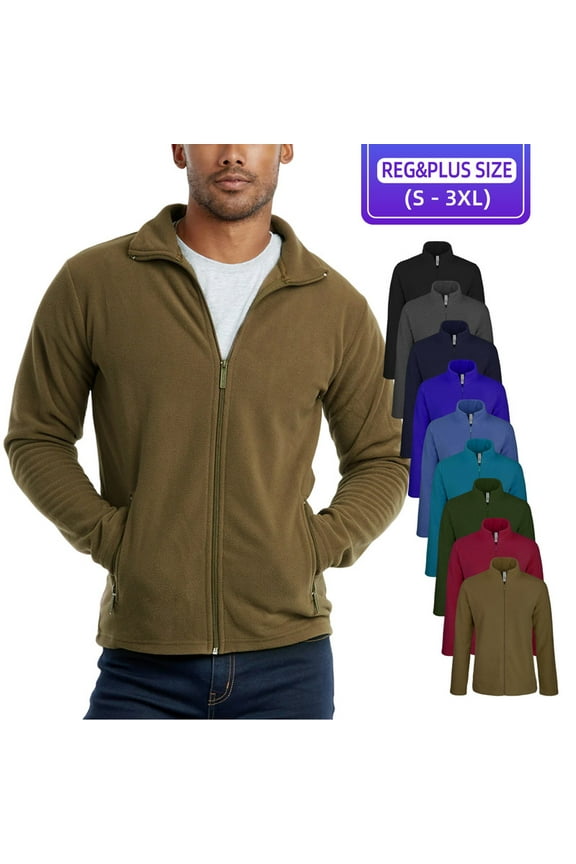 Men’s Polar Fleece Jacket with Pockets Full Zip Up S-3XL Long Sleeve Fuzzy Casual Warm Coat Sweatshirts Outerwear Spring Fall Winter Menswear Outdoor