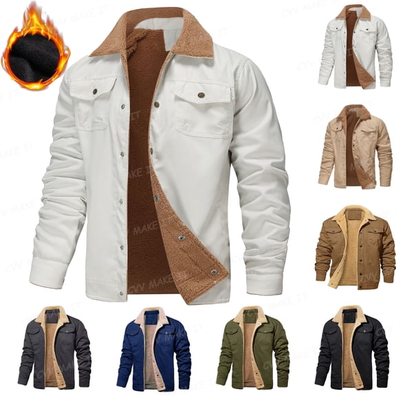Men's Polar Fleece Sherpa Lined Shirt Jacket Fleece Lined Button Down Thick Heavyweight Coats with Multi Pockets Long Sleeve Shirt Jackets Turn-Down Collar Winter Casual Thermal Outwear,Beige 2XL