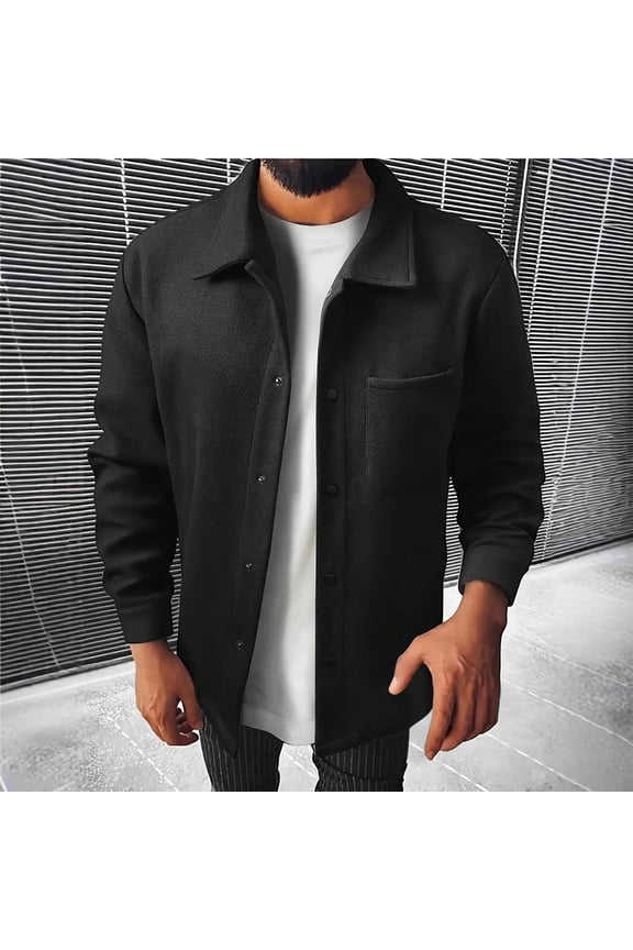 Men's Polar Fleece Shirt Jacket Long Sleeve Casual Button Down Shirts Shacket with Pockets Black S(S)