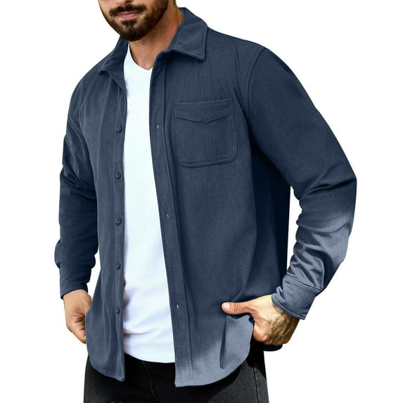 Men's Polar Fleece Shirt Jacket Long Sleeve Casual Button Down Shirts Shacket with Pockets Navy L