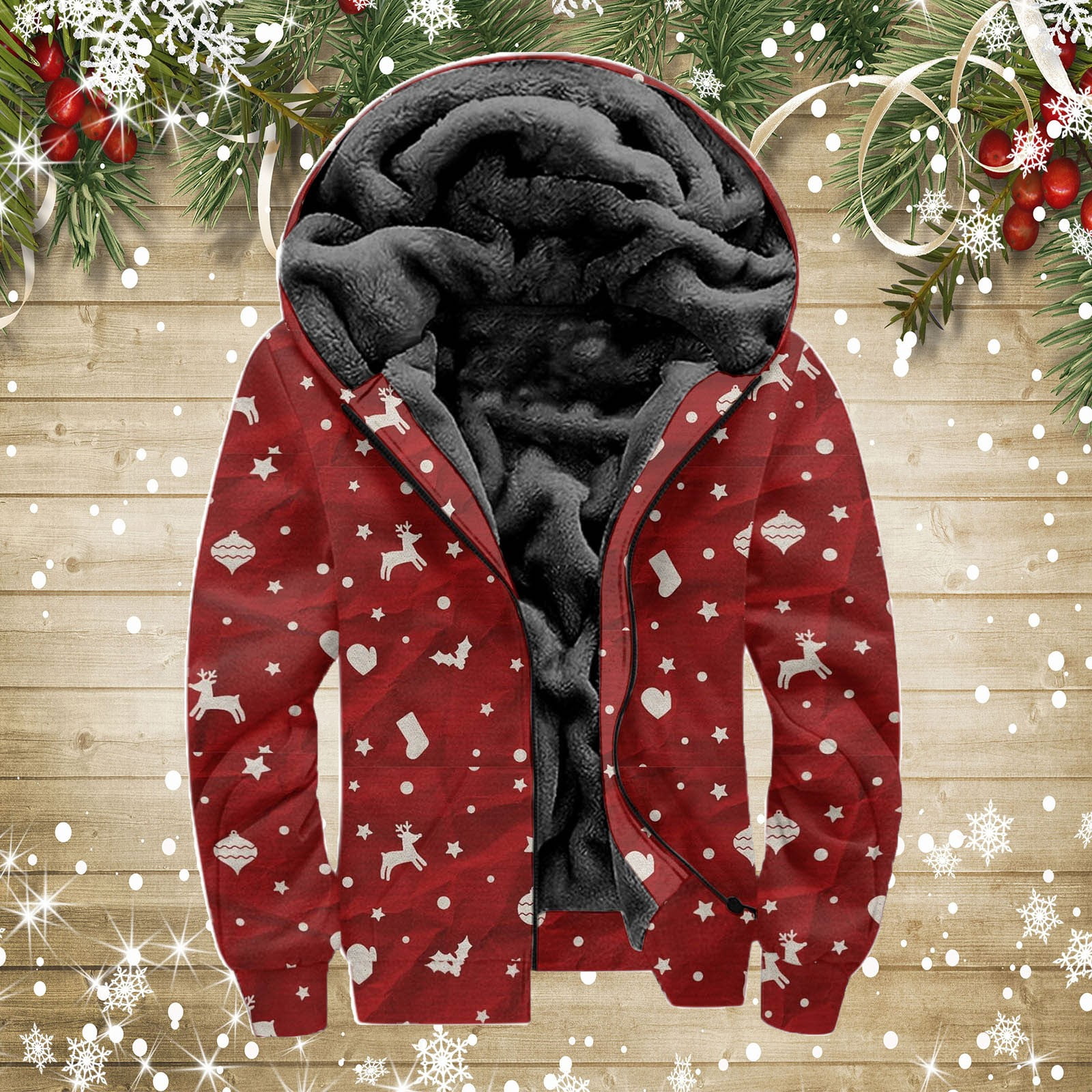 Men s Polarized Jacket Male Christmas Coat Autumn And Winter Long Sleeve Full Print Hooded Pocket Large Size Warm Sweatshirt Jacket