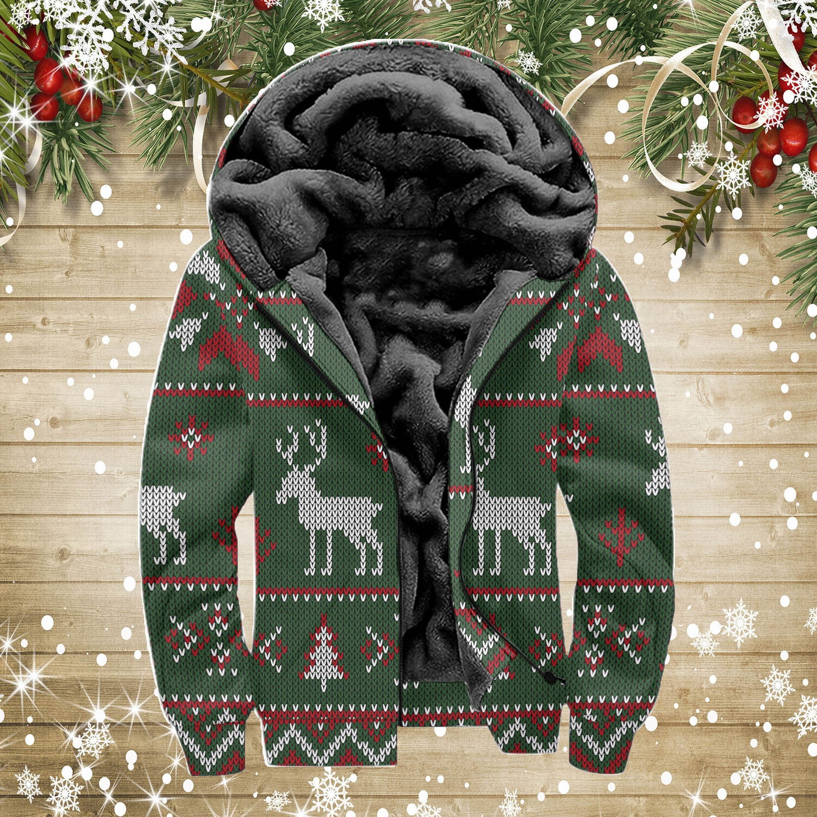 Men s Polarized Jacket Male Christmas Coat Autumn And Winter Long Sleeve Full Print Hooded Pocket Large Size Warm Sweatshirt Jacket