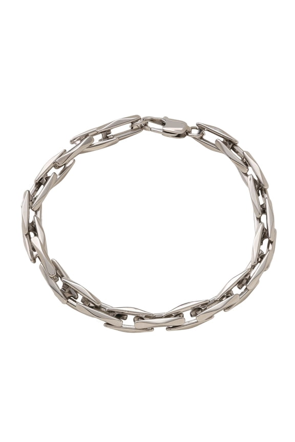 Men's Polished Sterling Silver Square Particle Geometry U-shaped Curb Link Bracelet, Hypoallergenic Silver Chain Wristband with Secure Lobster Clasp.