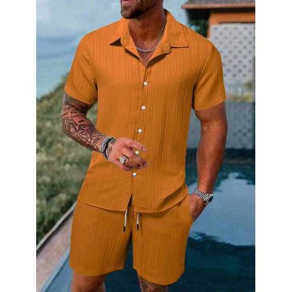 Men's Polo Casual Solid Color Loose Short-sleeved Drawstring Shorts Cardigan Striped Sports Suit