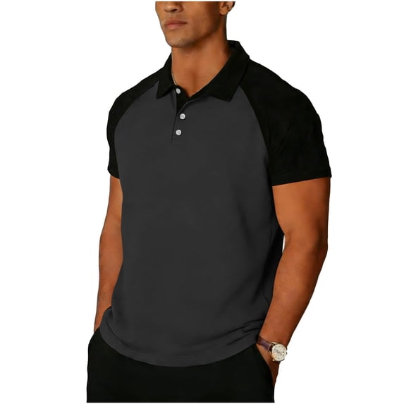 Men's Polo Henley Shirt Spring Fall Color Block Slim Fit Short Sleeve T Shirts Button Up Tees Dark Gray