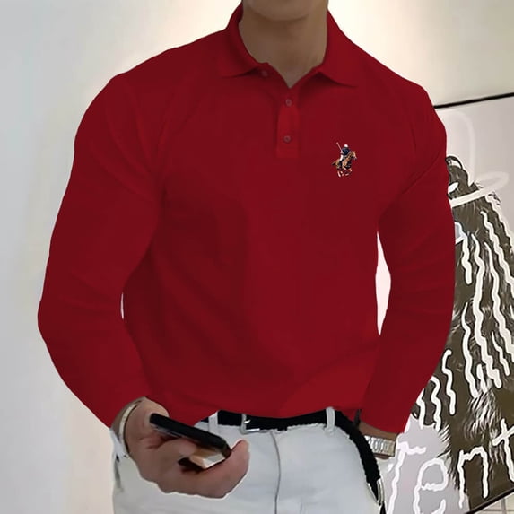 Men's Polo Player Pattern Design Long Sleeve Casual Solid Golf Polo Shirt 11 Colors