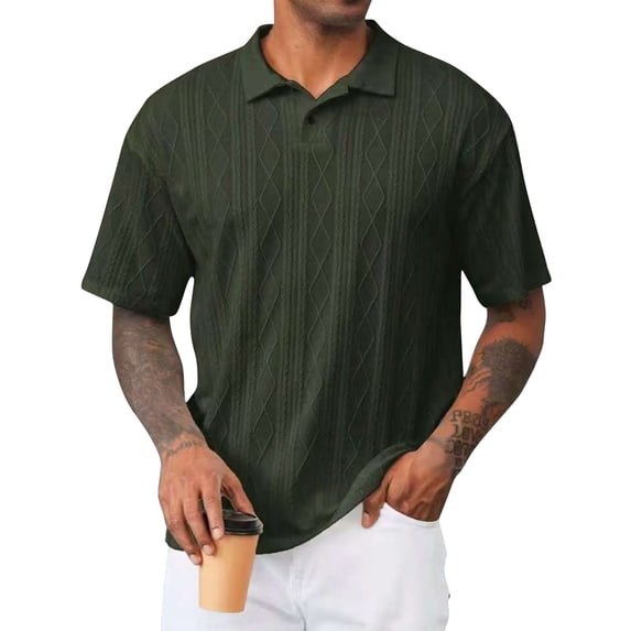 Men's Polo Shirt Knit Textured Stretchy Casual Short Sleeve Collared Button Split Loose Fit Summer Golf Shirts,L