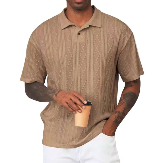 Men's Polo Shirt Knit Textured Stretchy Casual Short Sleeve Collared Button Split Loose Fit Summer Golf Shirts,M