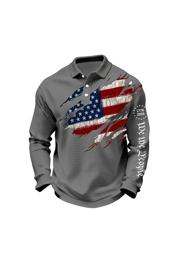 Men's Polo Shirt Long Sleeve American Flag Print 250th Anniversary USA Shirts Business Casual Patriotic Button TShirt