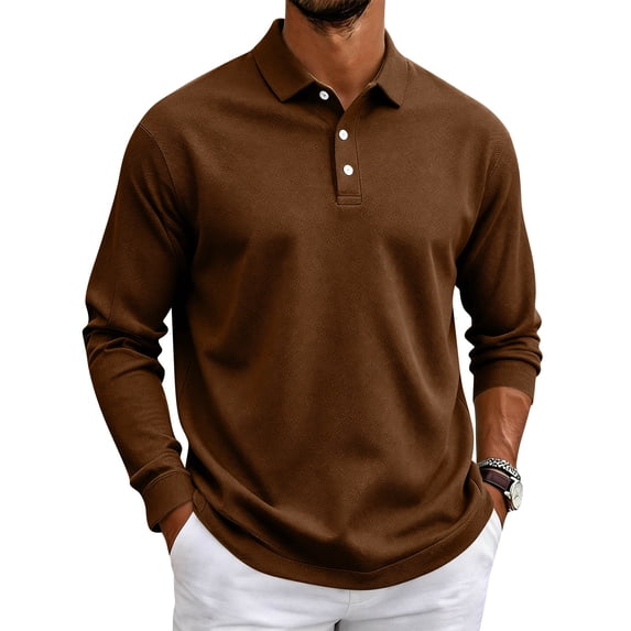 Men's Polo Shirt Long Sleeve Golf Shirts Quick Dry Lightweight 3-Button Performance Work Fishing Athletic Tops Coffee L