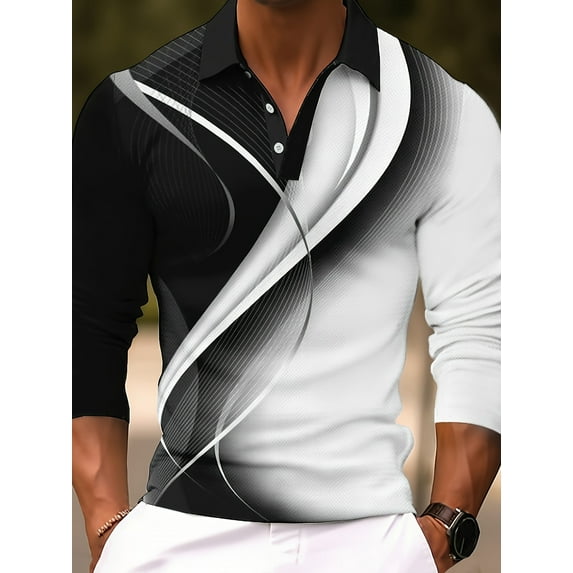 Men's Polo Shirt Long Sleeve Vintage Striped Golf Shirt Lightweight Casual Collared Shirt Black M