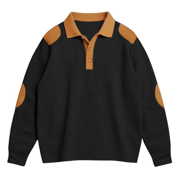 Men's Polo Shirt Long Sleeve Waffle Polo Tees Loose Fit Black Men's T-Shirts