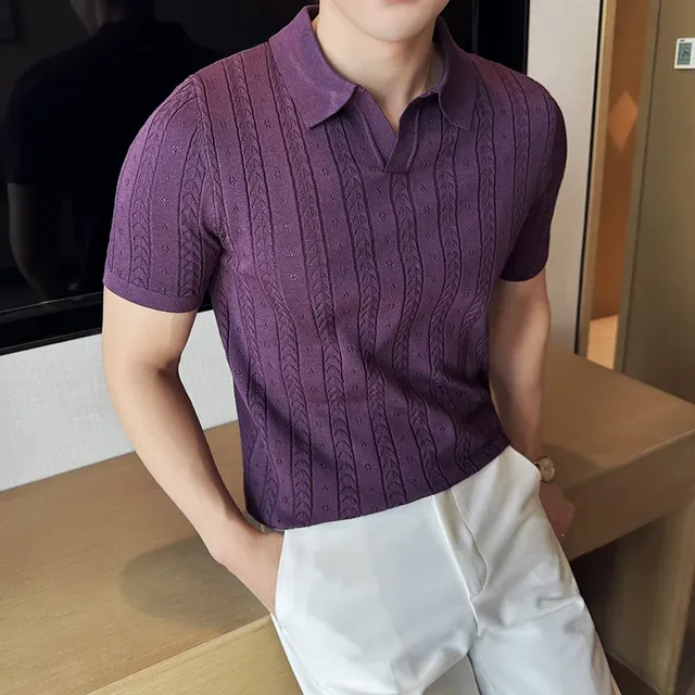 Men's Polo Shirt Striped Jacquard Knit Short Sleeve T-shirt Men's Polo Shirt Striped Jacquard Knit Short Sleeve T-shirt