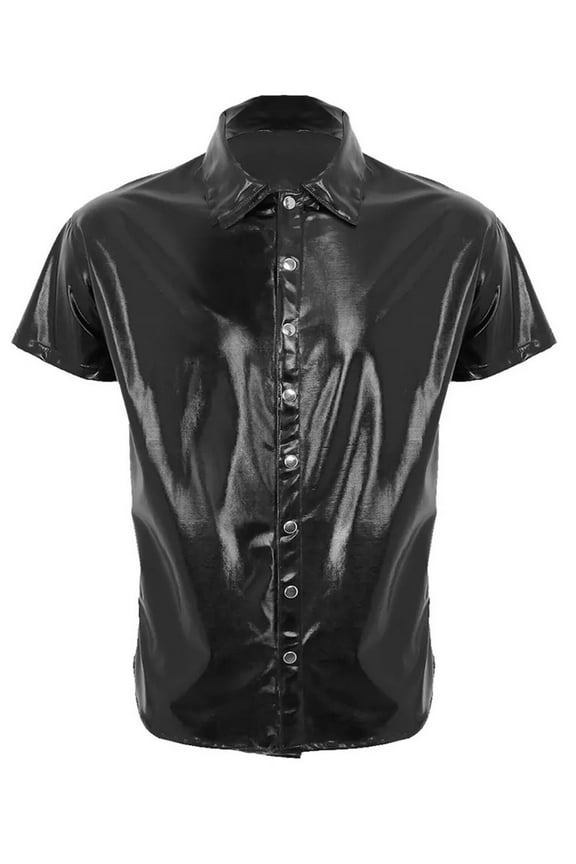 Men's Polo Shirt Tee PU Leather Wetlook Collar Uniform Top T-Shirt Short Sleeves Casual Style Dance Party Clubwear