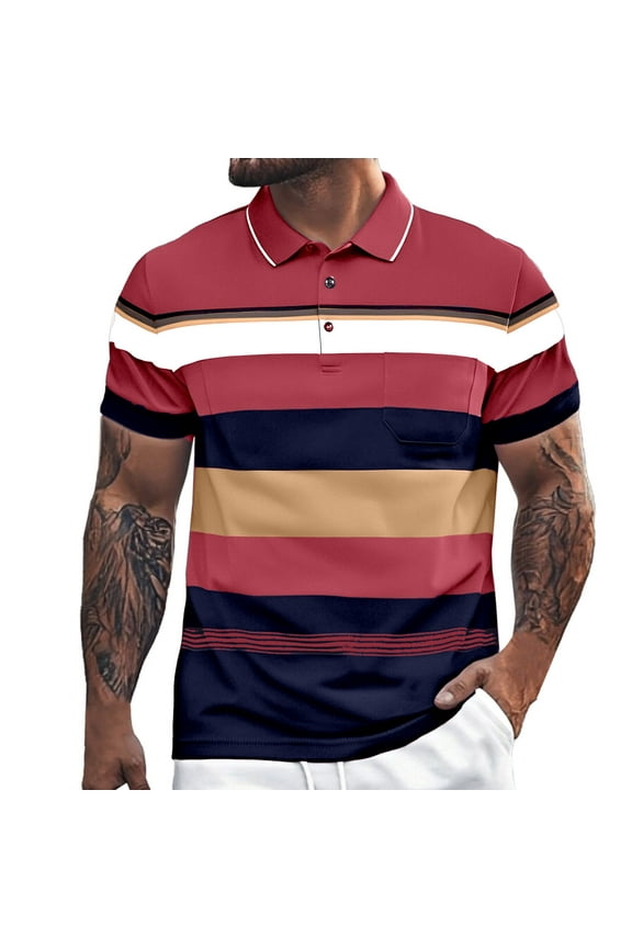 Men's Polo Shirts Business Striped Button Collared Short Sleeved Top with Pocket Casual Loose Comfortable Trendy T Shirts for Man