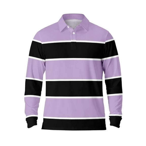 Mens Polo Shirts Long Sleeve Striped Casual Button Down Lapel Tops Pullover Fall Breathable Comfortable T Shirts for Men Purple XXXL