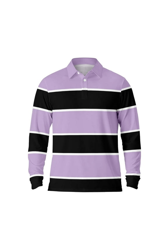 Mens Polo Shirts Long Sleeve Striped Casual Button Down Lapel Tops Pullover Fall Breathable Comfortable T Shirts for Men Purple XXXL