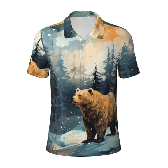 Men's Polo Shirts Casual Button Placket Apparel Golf Office Beach Top, Bear Moose Rustic Wood