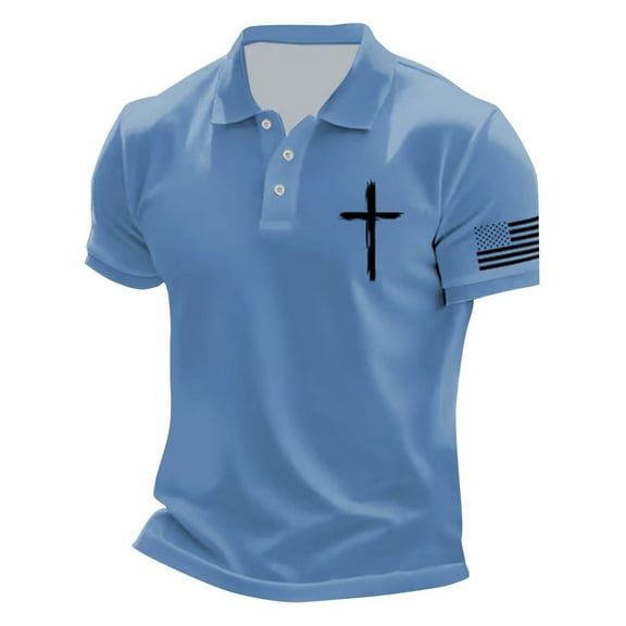 Men's Polo Shirts Casual Crucifix Printed Short Sleeve Button Up Collared Tops Summer Sport Breathable Dress Shirts for Men Sky Blue XXL
