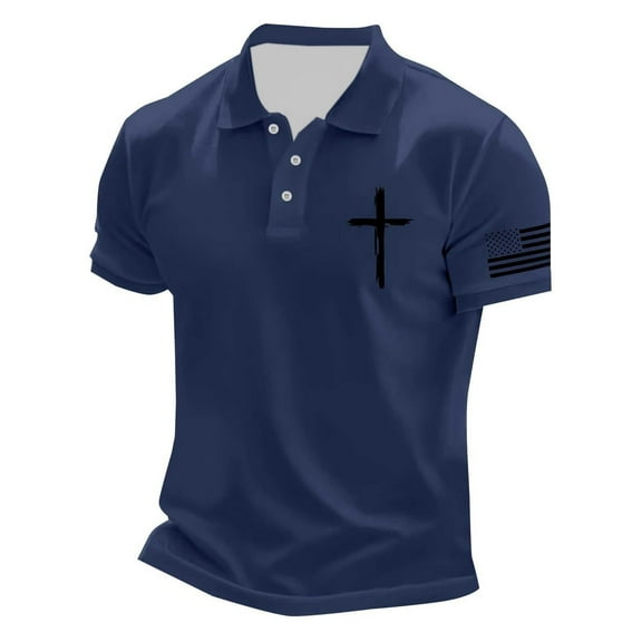 Men's Polo Shirts Casual Crucifix Printed Short Sleeve Button Up Collared Tops Summer Sport Breathable Shirts for Men Navy S
