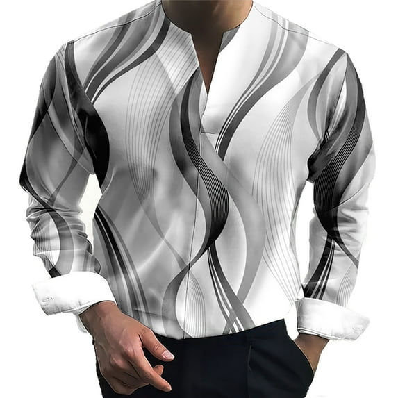 Men's Polo Shirts Casual Personalized Print Long Sleeve Ples Size Collarless Tops Fall Loose T Shirts for Man Grey L