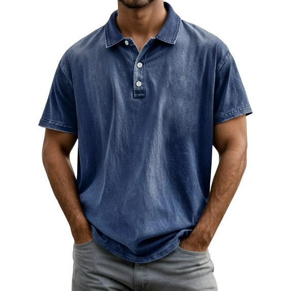 Men's Polo Shirts Casual Retro Aging Solid Color Short Sleeve Button Up Lapel Tops Summer Fall Comfortable T Shirts for Man BU2 XXXL