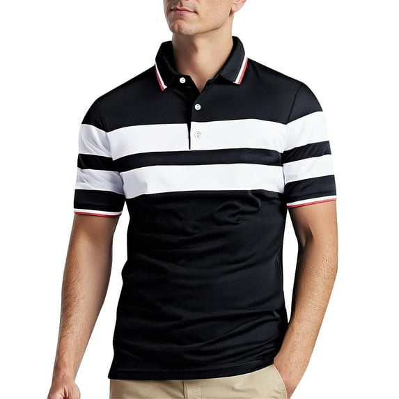 Men's Polo Shirts Casual Stripe Panel Design Short Sleeve Lapel Button Up Business Comfortable Tops Summer Lighweght T Shirts for Man Black L