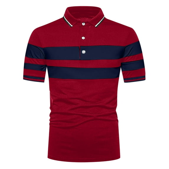 Men's Polo Shirts Casual Stripe Panel Design Short Sleeve Lapel Button Up Business Comfortable Tops Summer Lighweght T Shirts for Man Wine XL