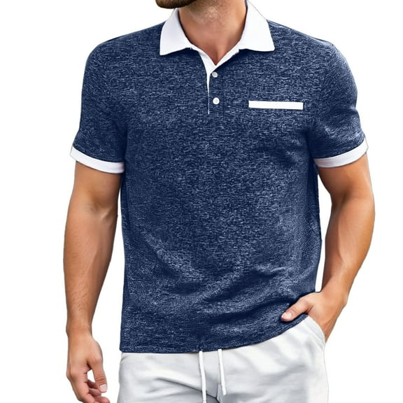 Men's Polo Shirts Collar With Pocket Slim Fit For Men Short Sleeve Soft Cotton Collared Shirt,Blue,XL