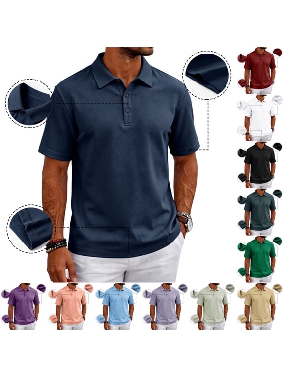 Men's Polo Shirts Cotton Pique Short Sleeve 3 Buttons Collared Golf Shirts 2026 Summer Business Casual Moisture Wicking Performance T-Shirt Navy L