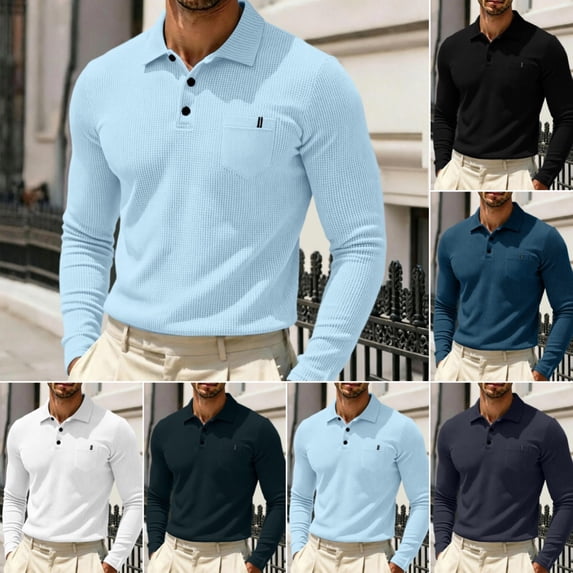 Men's Polo Shirts Lightweight Comfy Long Sleeve Collared Polo Shirts Refreshing Breathable Casual Business Textured Polo Shirts Light Blue 3XL