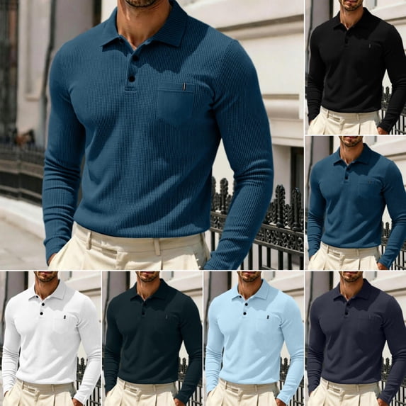 Men's Polo Shirts Lightweight Comfy Long Sleeve Lapel Polo Shirts Refreshing Breathable Casual Business Textured Polo Shirts Blue M