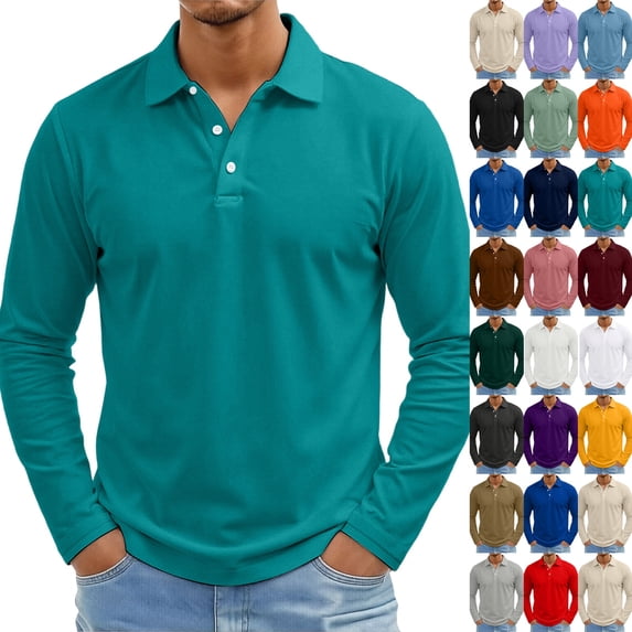 Men's Polo Shirts Lightweight Long Sleeve Golf Shirts 3-Button Performance Work Athletic Tops Turquoise M