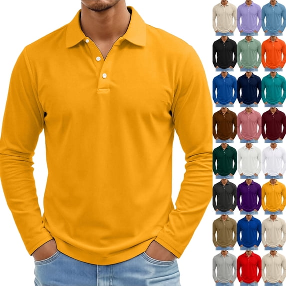 Men's Polo Shirts Lightweight Long Sleeve Golf Shirts 3-Button Performance Work Athletic Tops Yellow L