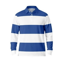 Men's Polo Shirts Long Sleeve Casual Button Down Striped Breathable Lapel Tops Comfortable Fall T Shirts for Man Blue L
