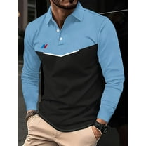 Men's Polo Shirts Long Sleeve Casual Polo T Shirt Color Block Slim Fit Golf Shirts with Pocket Blue L