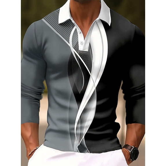 Men's Polo Shirts Long Sleeve Collared Golf Top Classic Polo Gray M