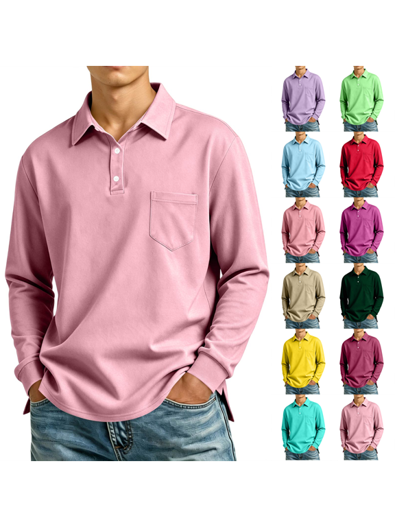 Men's Polo Shirts Long Sleeve Golf Polo Shirts for Men Quick Dry UPF 50+ Sun Protection Polos Casual Collared Shirts Light pink S