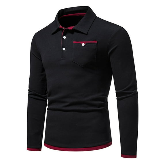 Men's Polo Shirts Men's 2024 Classic Fit Casual Long Sleeve Vintage Dual Tipped Collar Button Down Basic Polo Shirt with Pocket Solid Color Cotton Tees Golf Stylish Tops Shirt