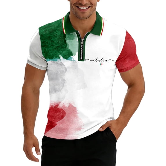 Men's Polo Shirts Men's Short Sleeve Zip Neck Polo Shirt Italian Flag Print Modern Themed Casual Climate Comfort Everyday Style Lightweight Breathable Dark Green XXL