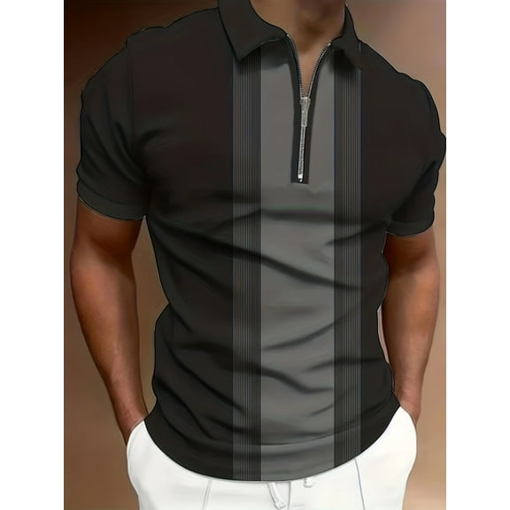 Men's Polos Short Sleeve Zip Polo Shirts Stretch Golf Vertical Striped Polo T-Shirt Black XXL