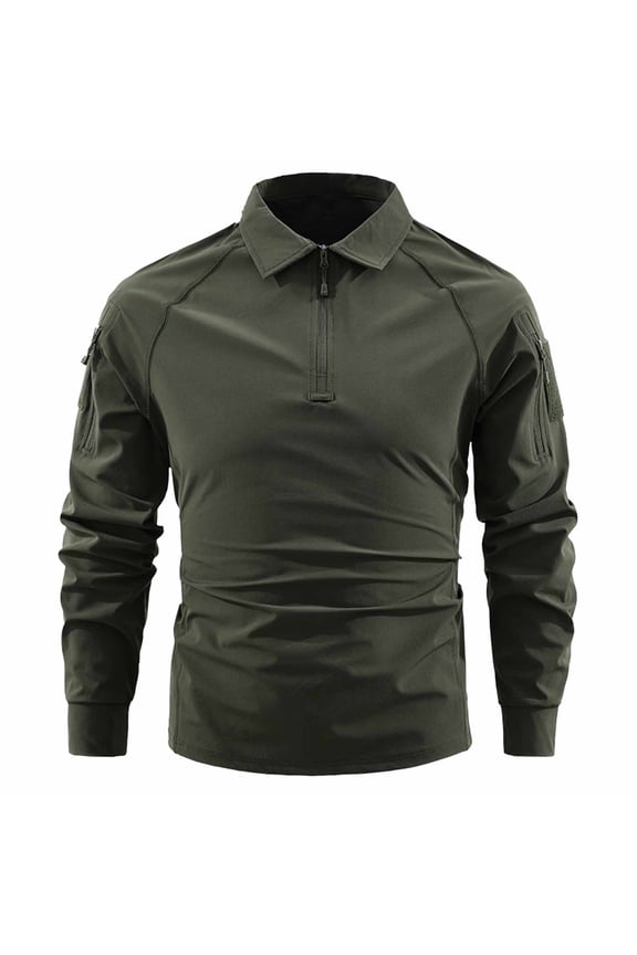 Men's Polo Shirts Quater Zipper Quick Dry Performance Long Sleeve Outdoors Tactical Shirts Pique Jersey Golf Shirt Size M-4XL Army Green